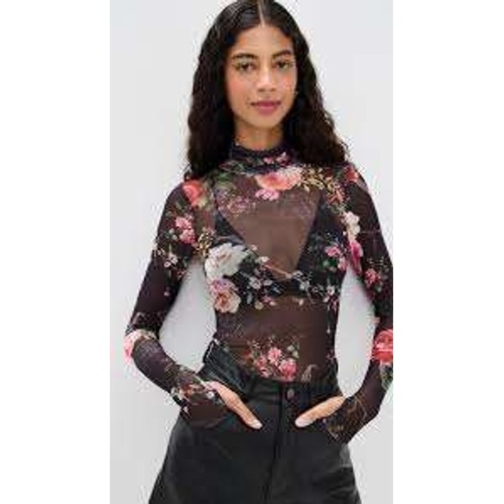 AFRM Zadie Mesh Turtleneck Top Floral Print Sheer Long Sleeve Black Large NWT